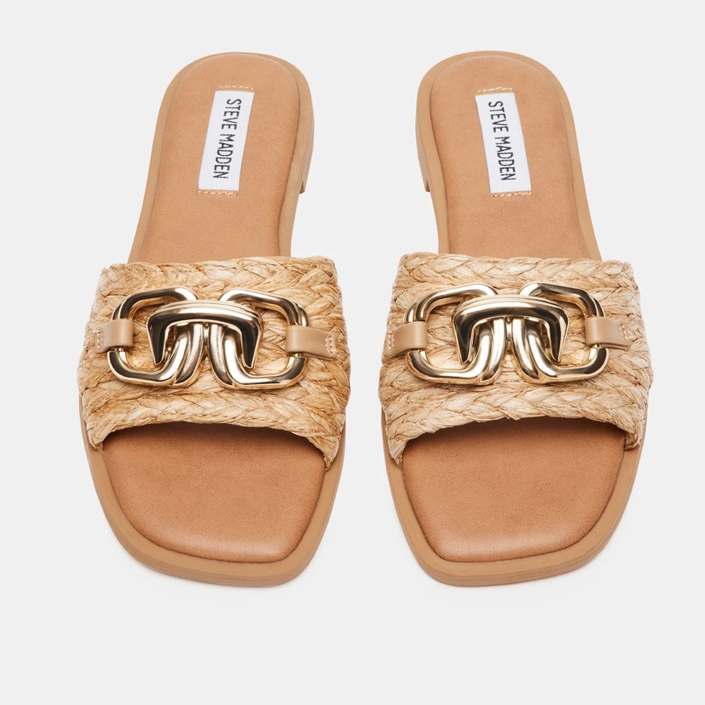 Steve Madden Tan Raffia Slide Sandals with Gold Chain Detail Sz 8 - Picture 2 of 12